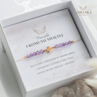 Pamiątka Pierwszej Komunii Świętej - Bransoletka Ametyst z Krzyżykiem Pierwsza Komunia Święta