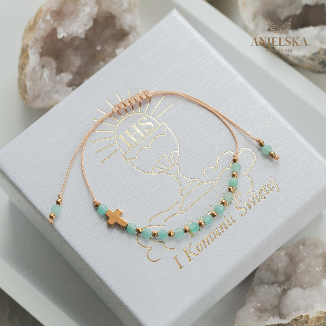 Bransoletka Różaniec Pierwsza Komunia Święta - Amazonit - Pamiątka Pierwszej Komunii Świętej - obrazek 2