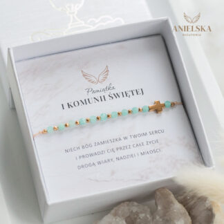 Bransoletka Różaniec Pierwsza Komunia Święta - Amazonit - Pamiątka Pierwszej Komunii Świętej