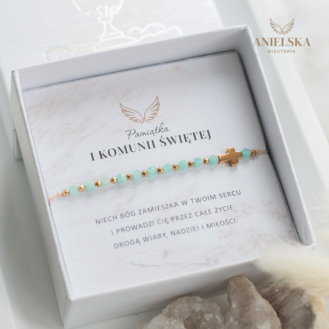 Bransoletka Różaniec Pierwsza Komunia Święta - Amazonit - Pamiątka Pierwszej Komunii Świętej