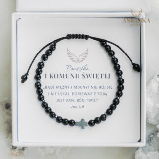 Różaniec Bransoletka dla Chłopca Pierwsza Komunia Święta - Onyks i Hematyt Pamiątka Pierwszej Komunii Świętej