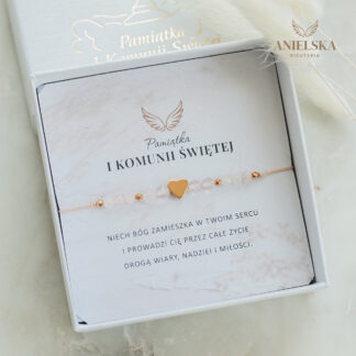 Bransoletka Pierwsza Komunia Święta Serce - Kwarc Różowy - Pamiątka Pierwszej Komunii Świętej