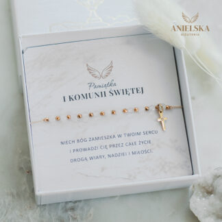 Bransoletka Różaniec Pierwsza Komunia Święta - Kwarc Różowy - Pamiątka Pierwszej Komunii Świętej